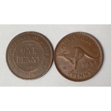 AUSTRALIA 1955 .ONE 1 PENNY . WITH WIDE DATE . PLUS BONUS 1919 PENNY